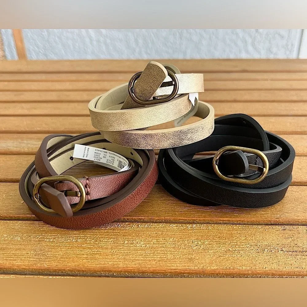 Set of 3 Belts | Faux Leather | Gold, Brown & Black | Gold Buckles | Size Small